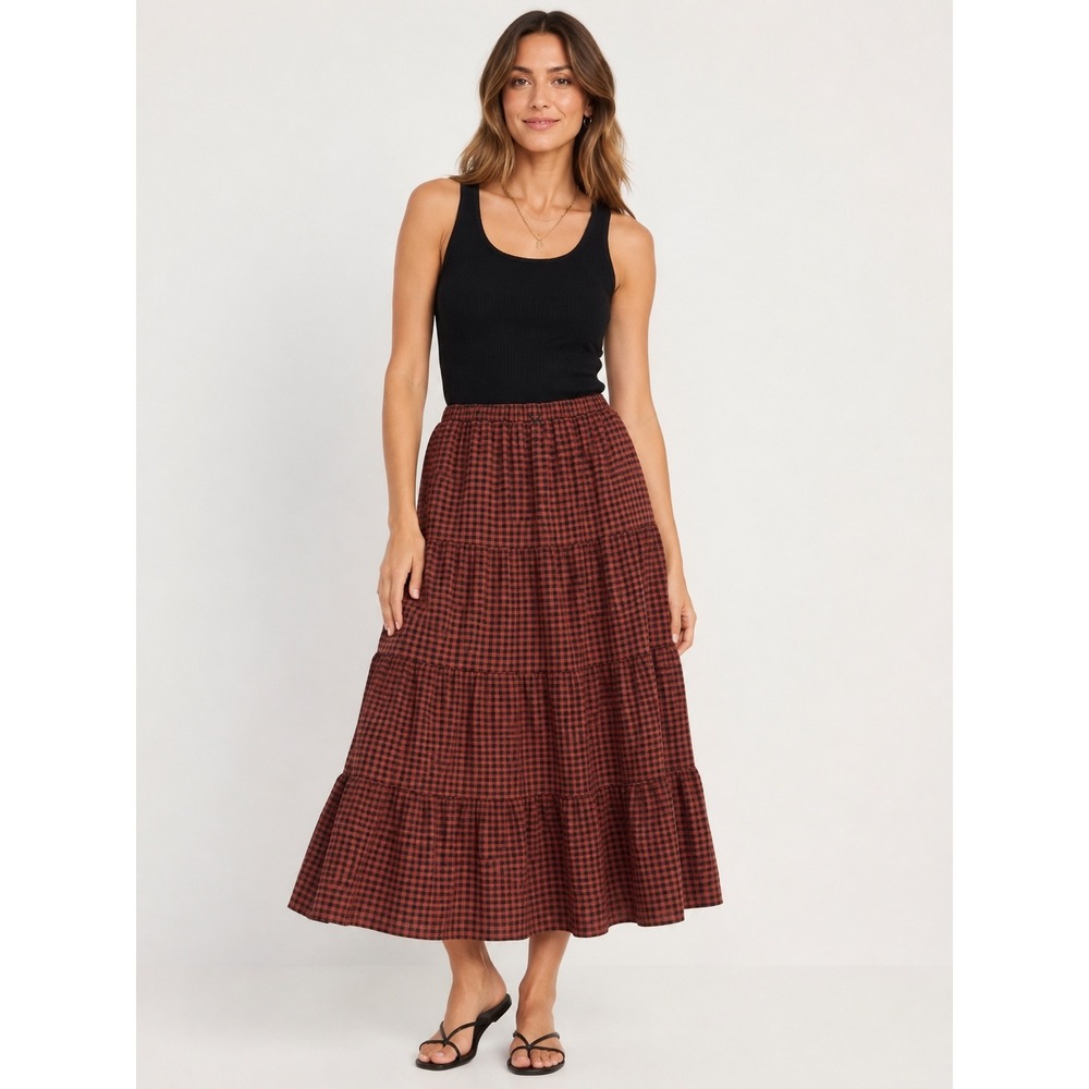 NIA Tiered Maxi Skirt Women L Rust Gingham Plaid Elastic Waist Bow NP-2094